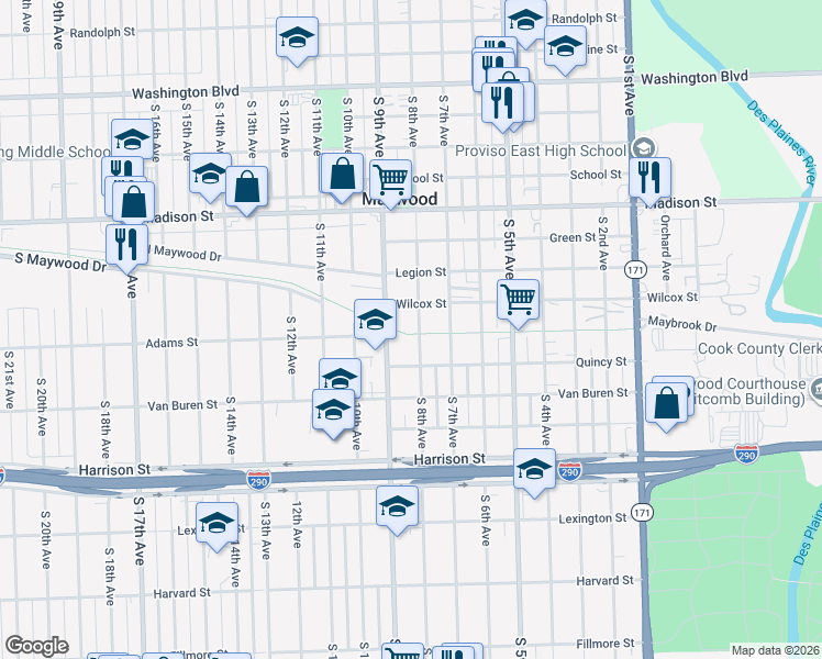 map of restaurants, bars, coffee shops, grocery stores, and more near 1316 South 8th Avenue in Maywood