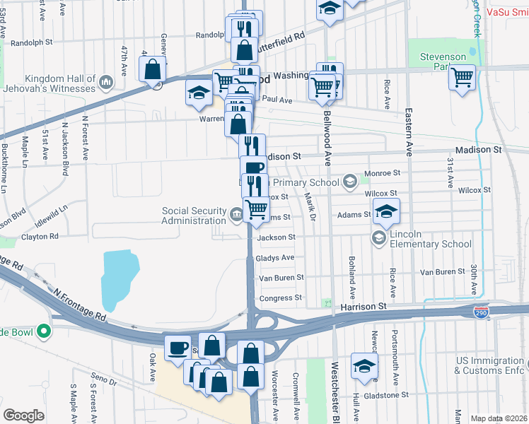 map of restaurants, bars, coffee shops, grocery stores, and more near 4001 Adams Street in Bellwood