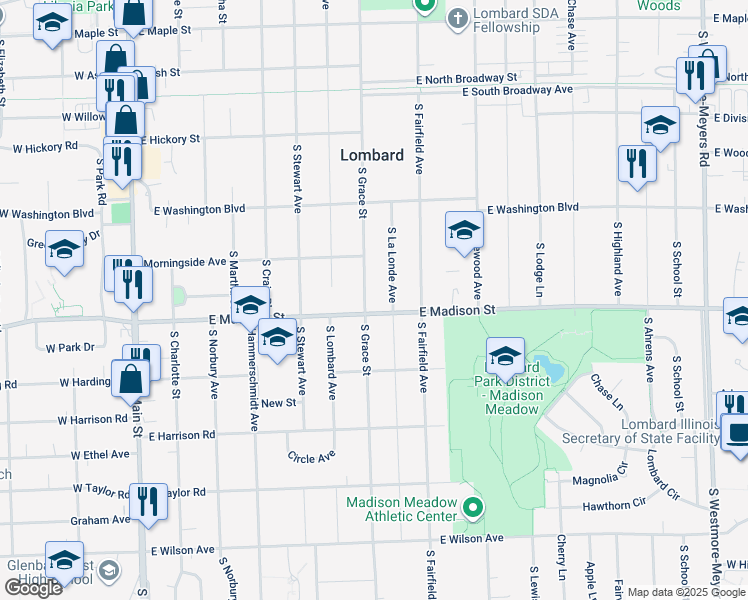 map of restaurants, bars, coffee shops, grocery stores, and more near 587 South Grace Street in Lombard