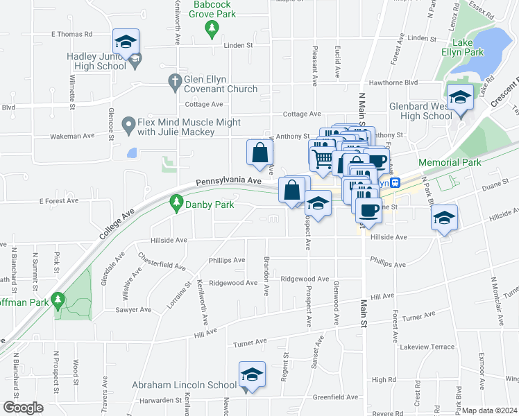 map of restaurants, bars, coffee shops, grocery stores, and more near 395 Duane Street in Glen Ellyn