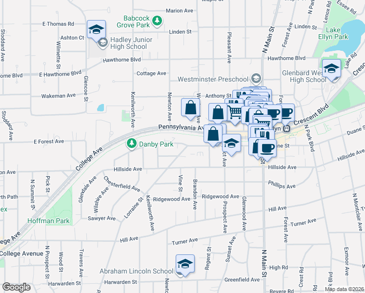 map of restaurants, bars, coffee shops, grocery stores, and more near 367 Duane Street in Glen Ellyn