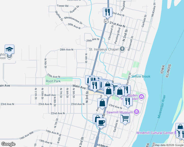 map of restaurants, bars, coffee shops, grocery stores, and more near 2500-2598 North 3rd Street in Clinton