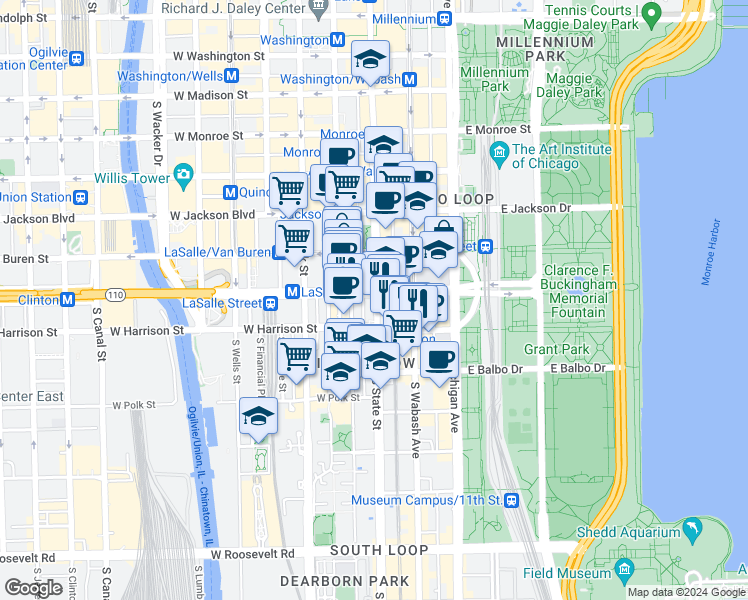 map of restaurants, bars, coffee shops, grocery stores, and more near 11 East Ida B. Wells Drive in Chicago