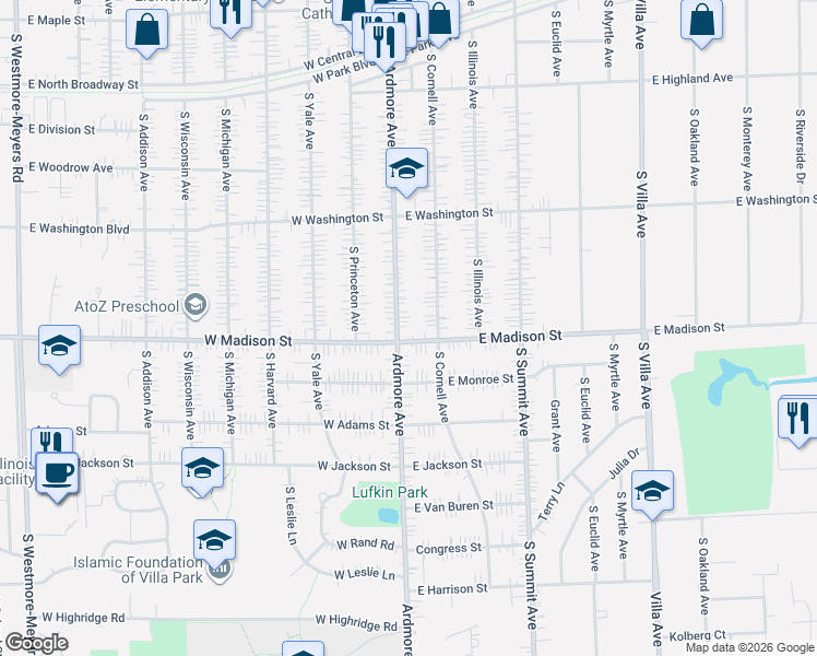 map of restaurants, bars, coffee shops, grocery stores, and more near 14 East Madison Street in Villa Park