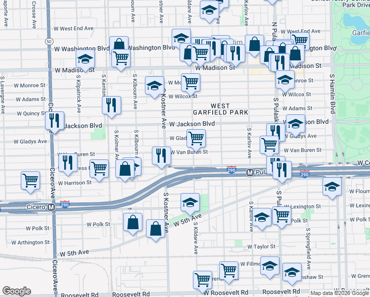 map of restaurants, bars, coffee shops, grocery stores, and more near 4316 W Van Buren St in Chicago