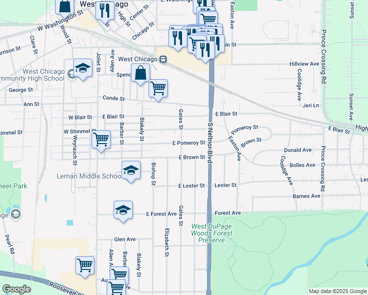 map of restaurants, bars, coffee shops, grocery stores, and more near 502 E Pomeroy St in West Chicago