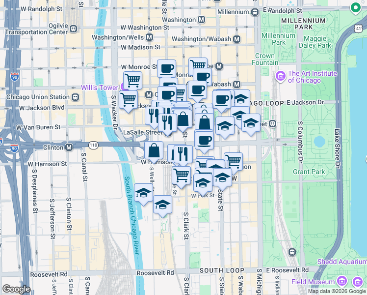 map of restaurants, bars, coffee shops, grocery stores, and more near 101 West Congress Parkway in Chicago