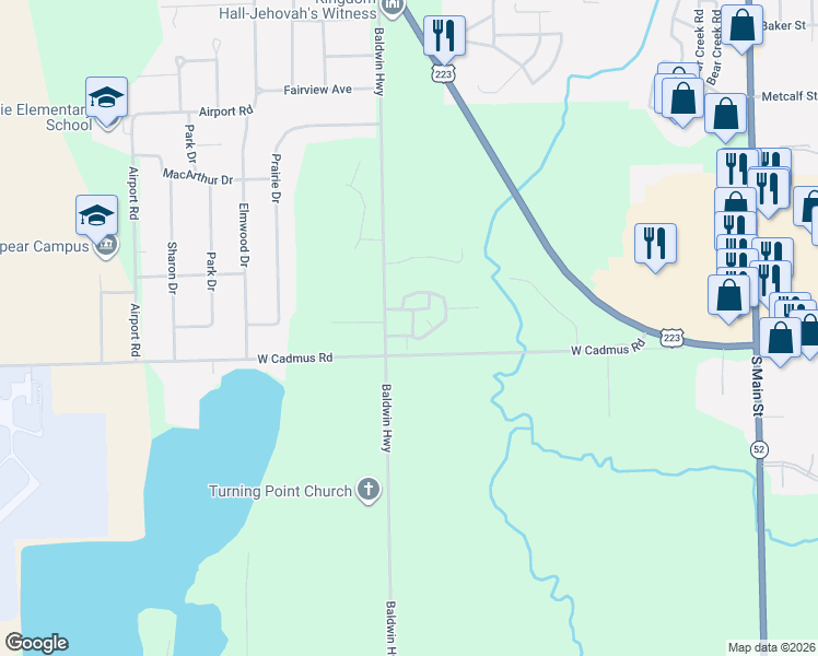 map of restaurants, bars, coffee shops, grocery stores, and more near 2101 Lakewood Drive in Adrian