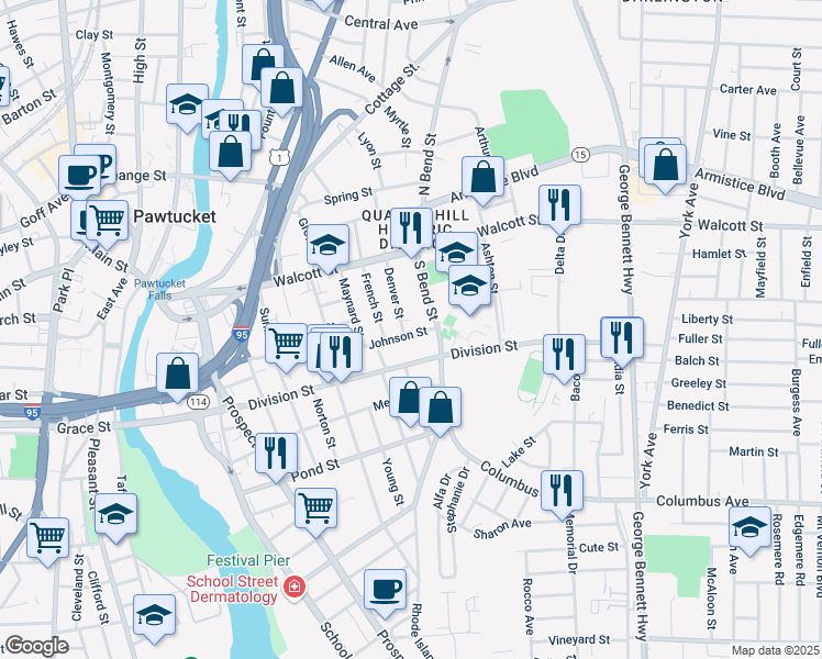 map of restaurants, bars, coffee shops, grocery stores, and more near 124 Johnson Street in Pawtucket