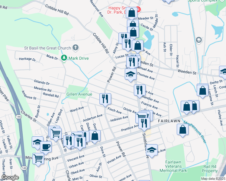 map of restaurants, bars, coffee shops, grocery stores, and more near 151 Francis Avenue in Pawtucket