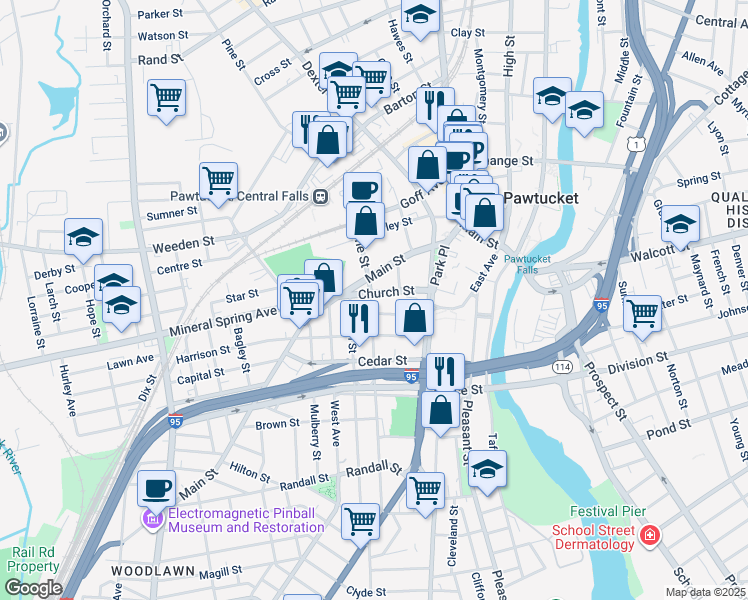 map of restaurants, bars, coffee shops, grocery stores, and more near 201 Pine Street in Pawtucket