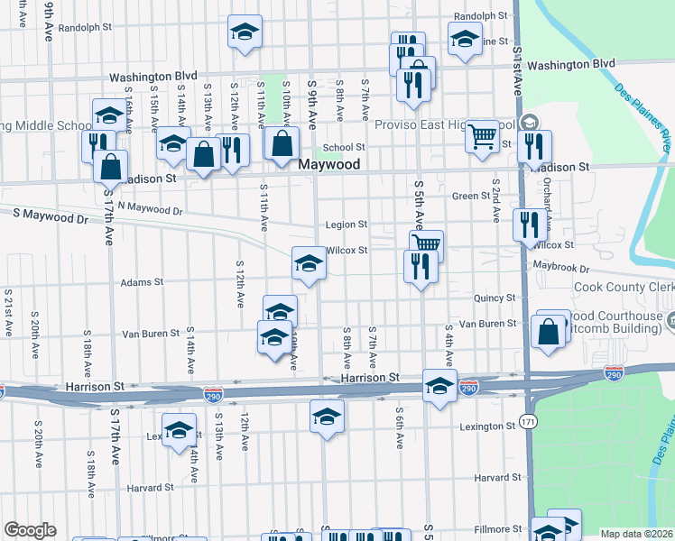 map of restaurants, bars, coffee shops, grocery stores, and more near 1316 South 8th Avenue in Maywood