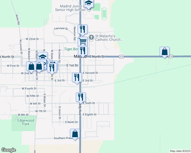 map of restaurants, bars, coffee shops, grocery stores, and more near 303 South Green Street in Madrid
