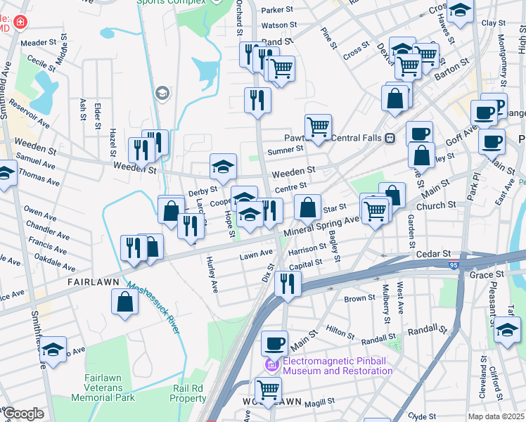 map of restaurants, bars, coffee shops, grocery stores, and more near 12 Baldwin Street in Pawtucket