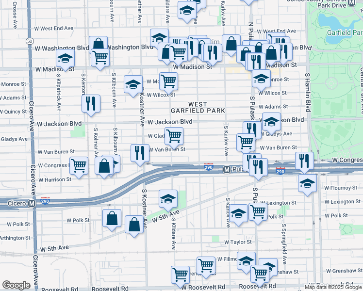 map of restaurants, bars, coffee shops, grocery stores, and more near 4238 West Van Buren Street in Chicago