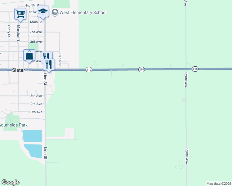 map of restaurants, bars, coffee shops, grocery stores, and more near 51506 Iowa 210 in Slater