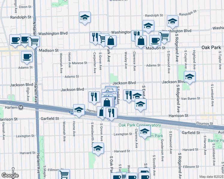 map of restaurants, bars, coffee shops, grocery stores, and more near 716 South Oak Park Avenue in Oak Park
