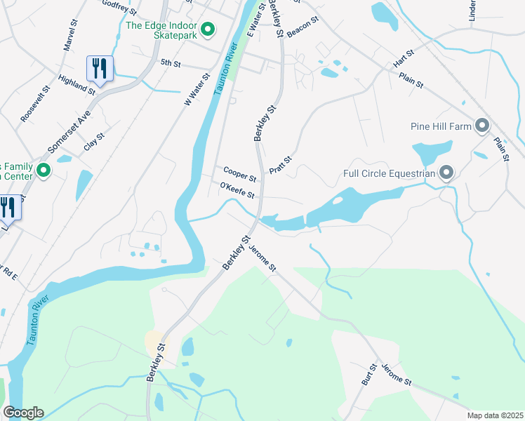 map of restaurants, bars, coffee shops, grocery stores, and more near 378 Berkley St in Taunton