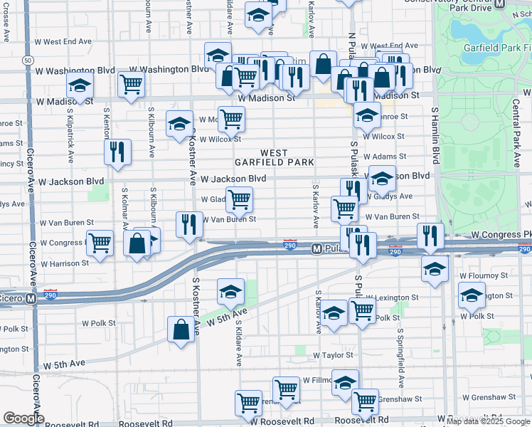 map of restaurants, bars, coffee shops, grocery stores, and more near 4214 West Van Buren Street in Chicago