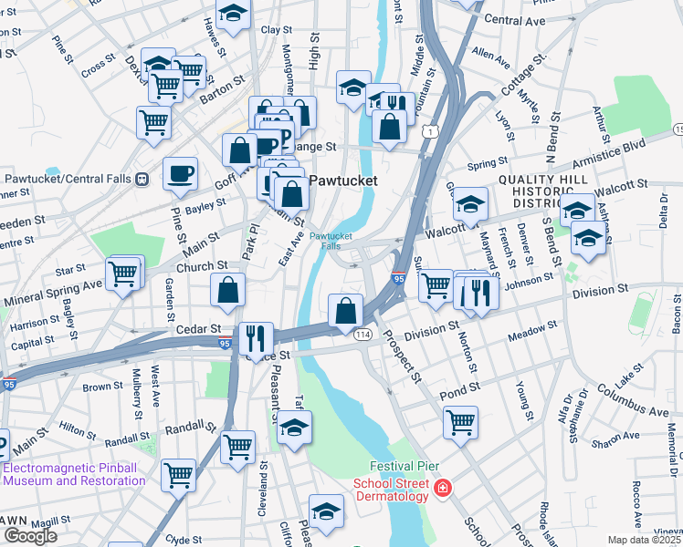 map of restaurants, bars, coffee shops, grocery stores, and more near 1 School Street in Pawtucket