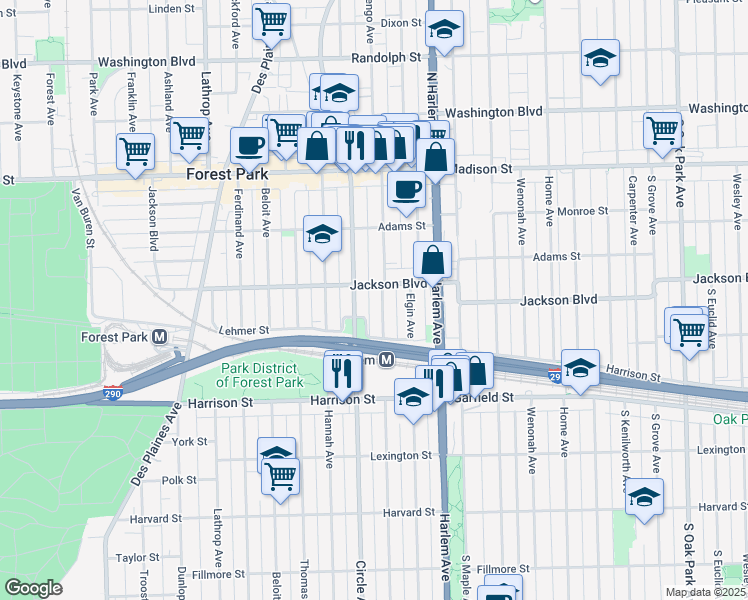 map of restaurants, bars, coffee shops, grocery stores, and more near 611 Marengo Avenue in Forest Park