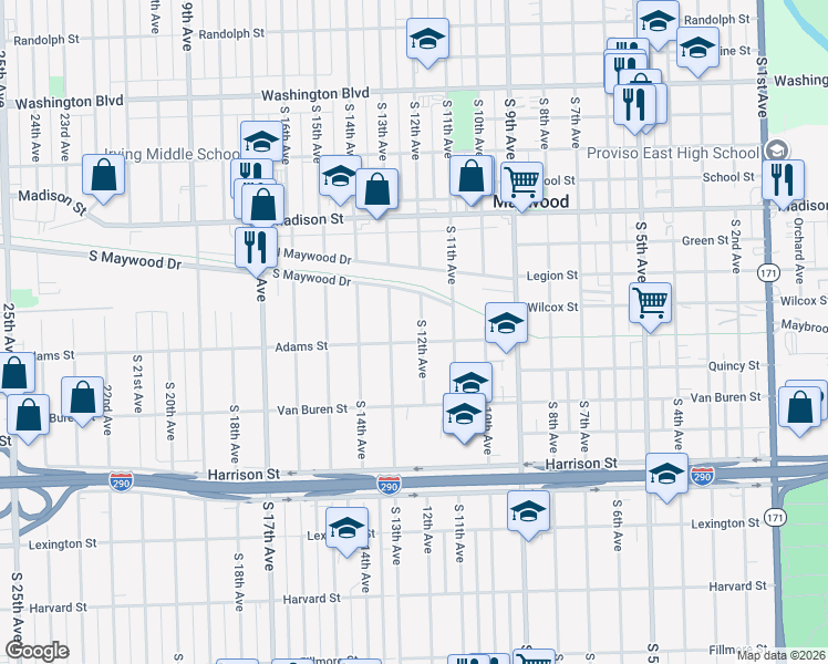 map of restaurants, bars, coffee shops, grocery stores, and more near 1242 South 12th Avenue in Maywood