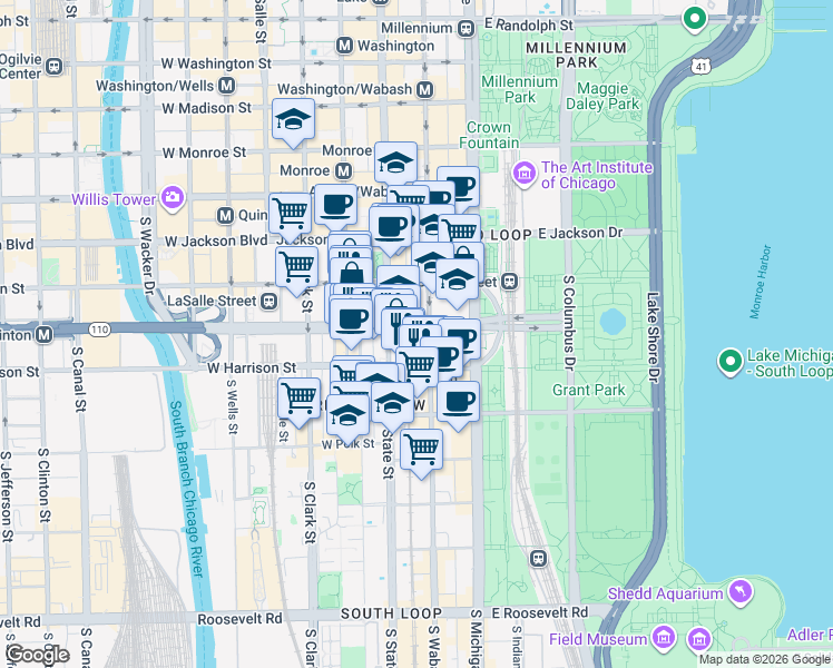 map of restaurants, bars, coffee shops, grocery stores, and more near 33 East Congress Parkway in Chicago