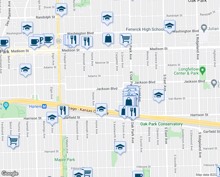 map of restaurants, bars, coffee shops, grocery stores, and more near Jackson Blvd & S Kenilworth Ave in Oak Park