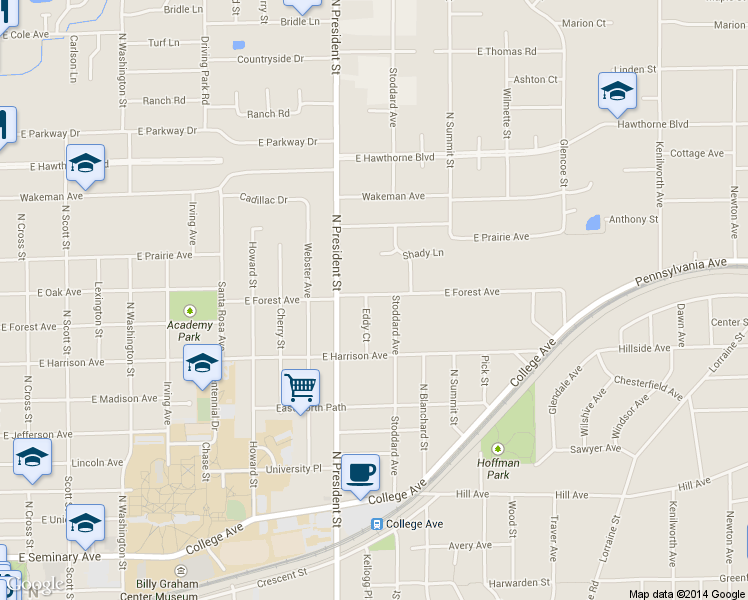 map of restaurants, bars, coffee shops, grocery stores, and more near 1106 E Forest Ave in Wheaton