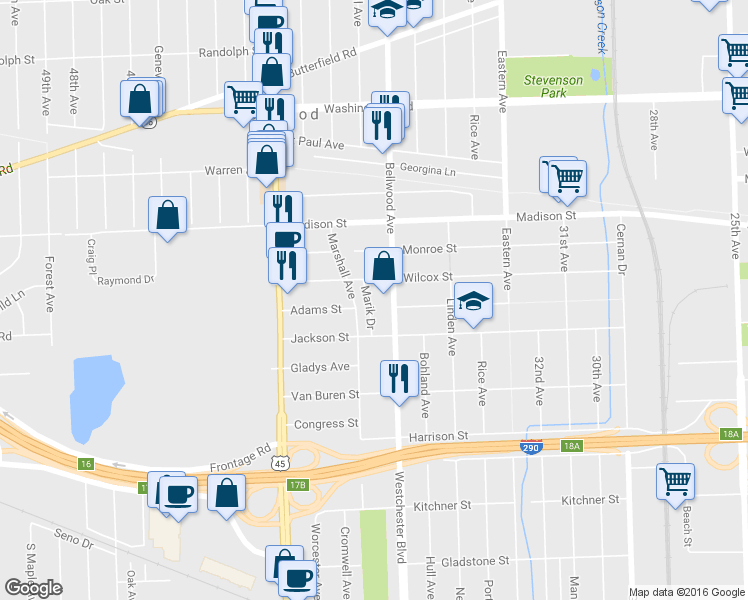 map of restaurants, bars, coffee shops, grocery stores, and more near 916 Marik Drive in Bellwood