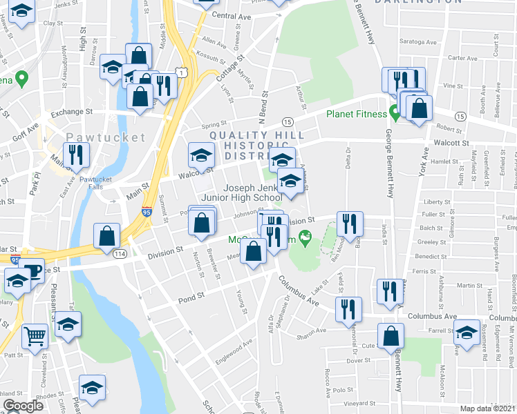 map of restaurants, bars, coffee shops, grocery stores, and more near 130 Johnson Street in Pawtucket