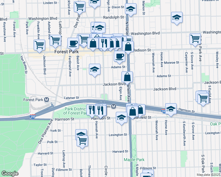 map of restaurants, bars, coffee shops, grocery stores, and more near 611 Marengo Avenue in Forest Park
