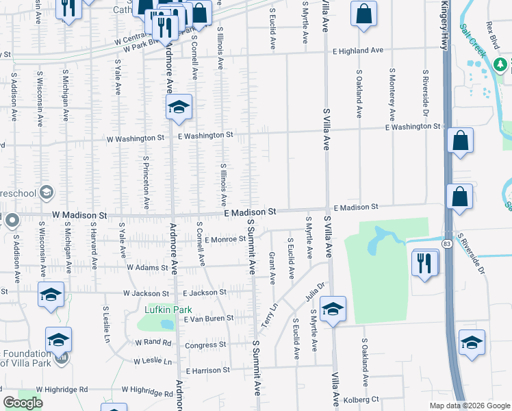 map of restaurants, bars, coffee shops, grocery stores, and more near 745 South Summit Avenue in Villa Park