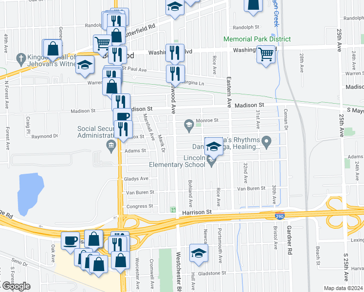 map of restaurants, bars, coffee shops, grocery stores, and more near 3611 Adams Street in Bellwood