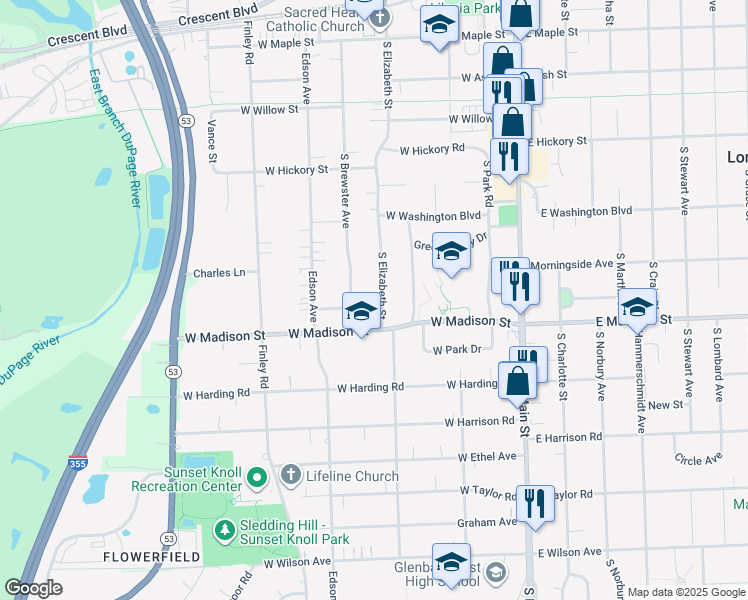 map of restaurants, bars, coffee shops, grocery stores, and more near 570 South Elizabeth Street in Lombard