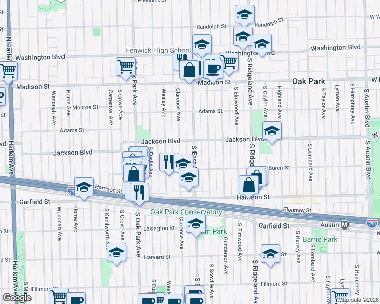 map of restaurants, bars, coffee shops, grocery stores, and more near 716 South East Avenue in Oak Park