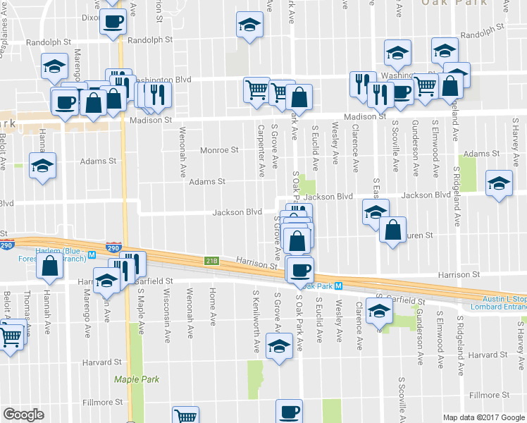 map of restaurants, bars, coffee shops, grocery stores, and more near Jackson Blvd & Carpenter Ave in Oak Park