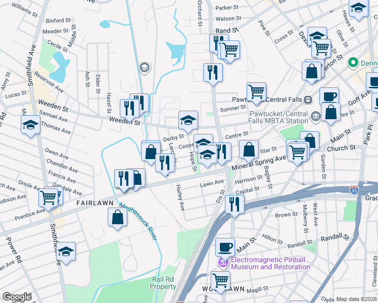 map of restaurants, bars, coffee shops, grocery stores, and more near 38 Hancock Street in Pawtucket