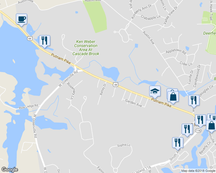 map of restaurants, bars, coffee shops, grocery stores, and more near 672 Putnam Pike in Smithfield