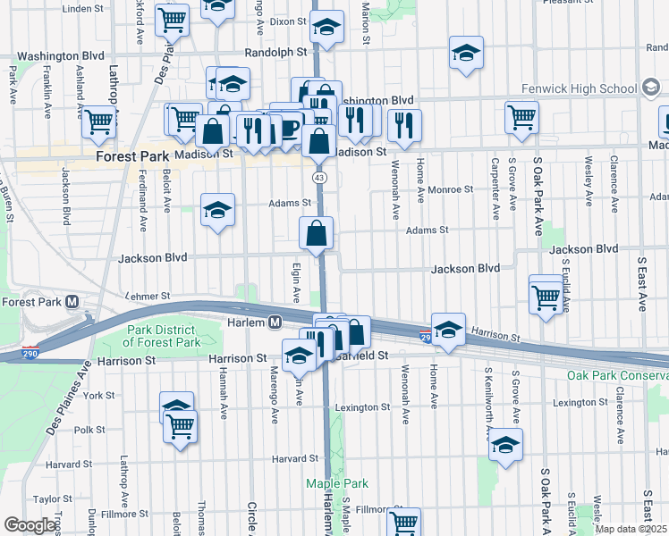 map of restaurants, bars, coffee shops, grocery stores, and more near 733 South Maple Avenue in Oak Park
