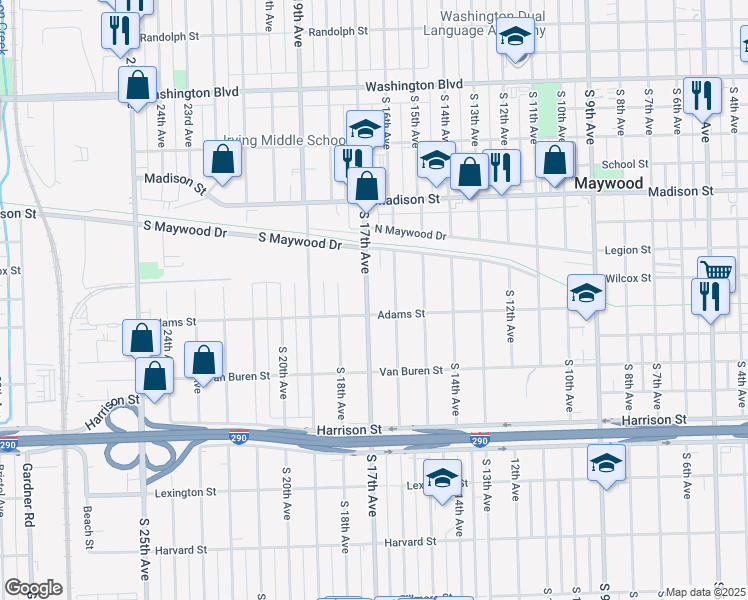 map of restaurants, bars, coffee shops, grocery stores, and more near 1237 South 17th Avenue in Maywood