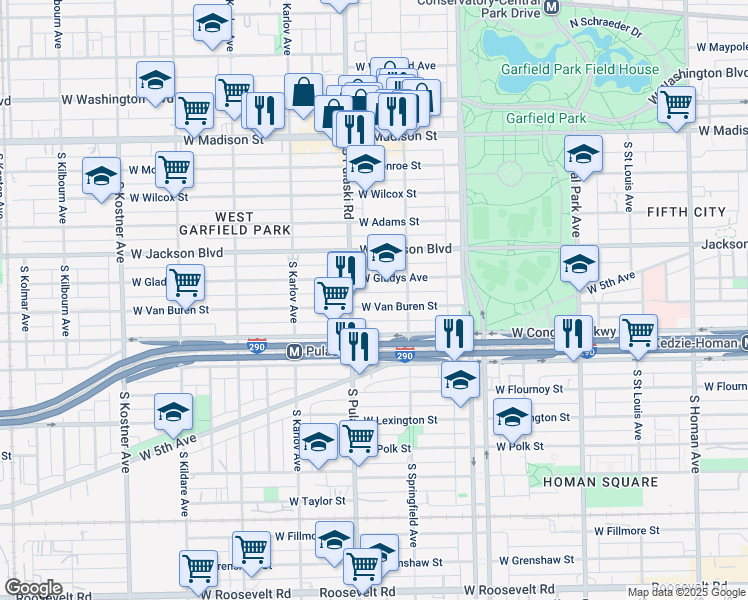 map of restaurants, bars, coffee shops, grocery stores, and more near 3934 West Van Buren Street in Chicago