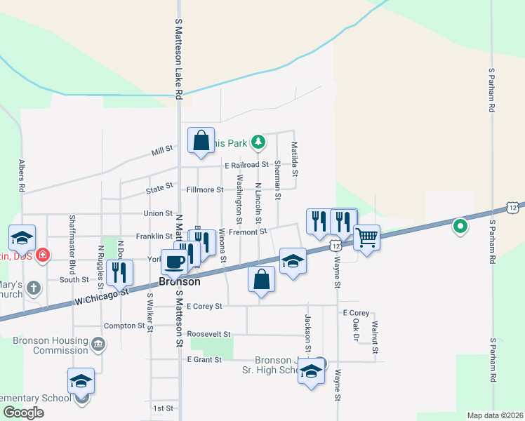map of restaurants, bars, coffee shops, grocery stores, and more near 234 North Lincoln Street in Bronson