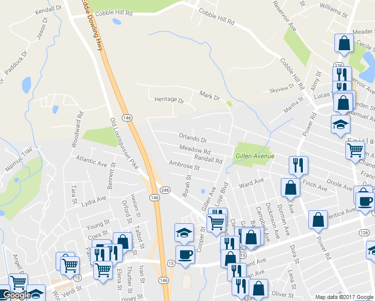 map of restaurants, bars, coffee shops, grocery stores, and more near 102 Meadow Road in North Providence