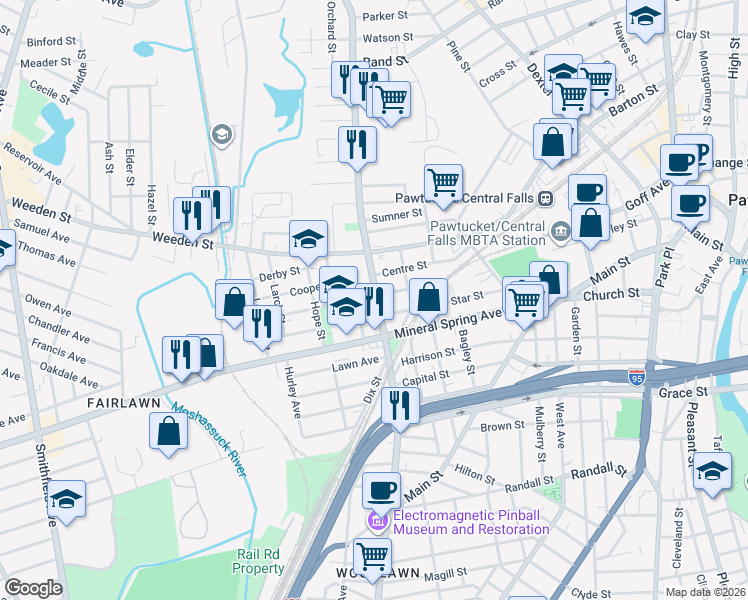 map of restaurants, bars, coffee shops, grocery stores, and more near 278 Lonsdale Avenue in Pawtucket
