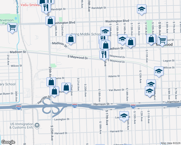 map of restaurants, bars, coffee shops, grocery stores, and more near 1234 South 19th Avenue in Maywood