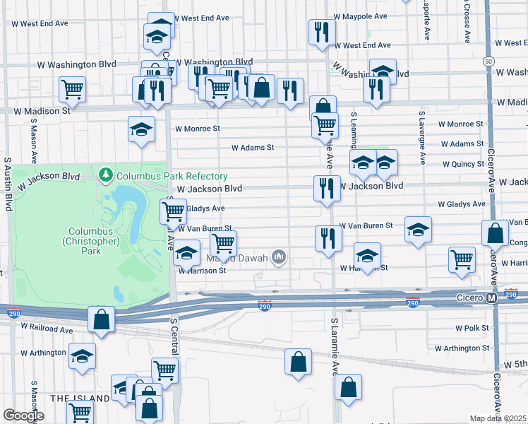 map of restaurants, bars, coffee shops, grocery stores, and more near 5337 West Gladys Avenue in Chicago