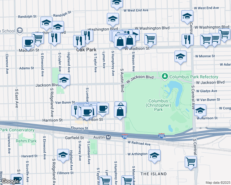 map of restaurants, bars, coffee shops, grocery stores, and more near 724 South Humphrey Avenue in Oak Park