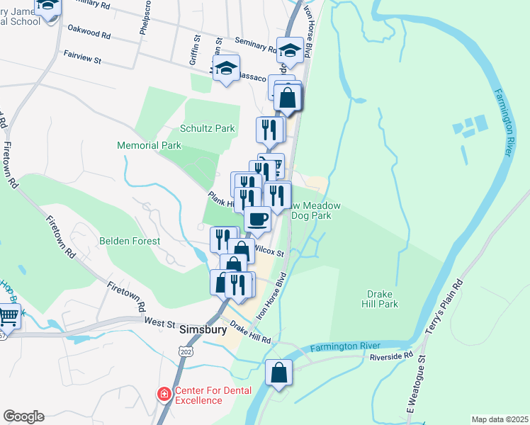 map of restaurants, bars, coffee shops, grocery stores, and more near 5 Phelps Lane in Simsbury