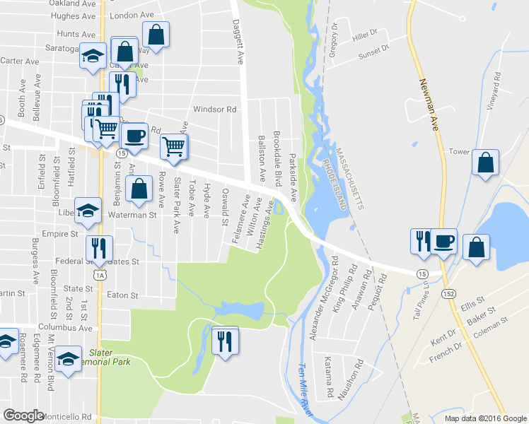 map of restaurants, bars, coffee shops, grocery stores, and more near 21 Hastings Ave in Pawtucket
